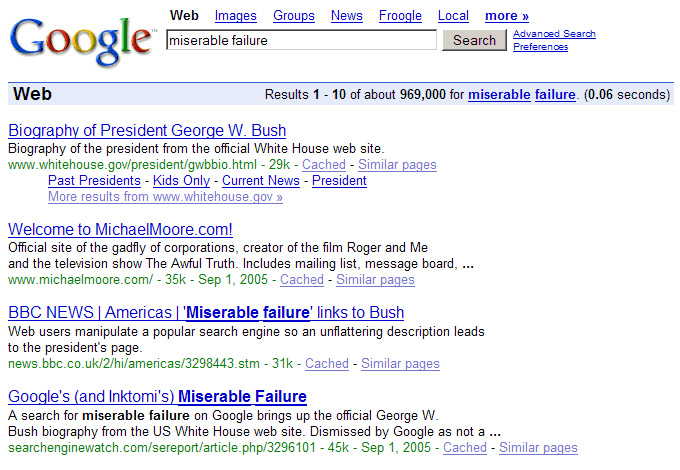 Google Bombing George W. Bush with miserable failure search term